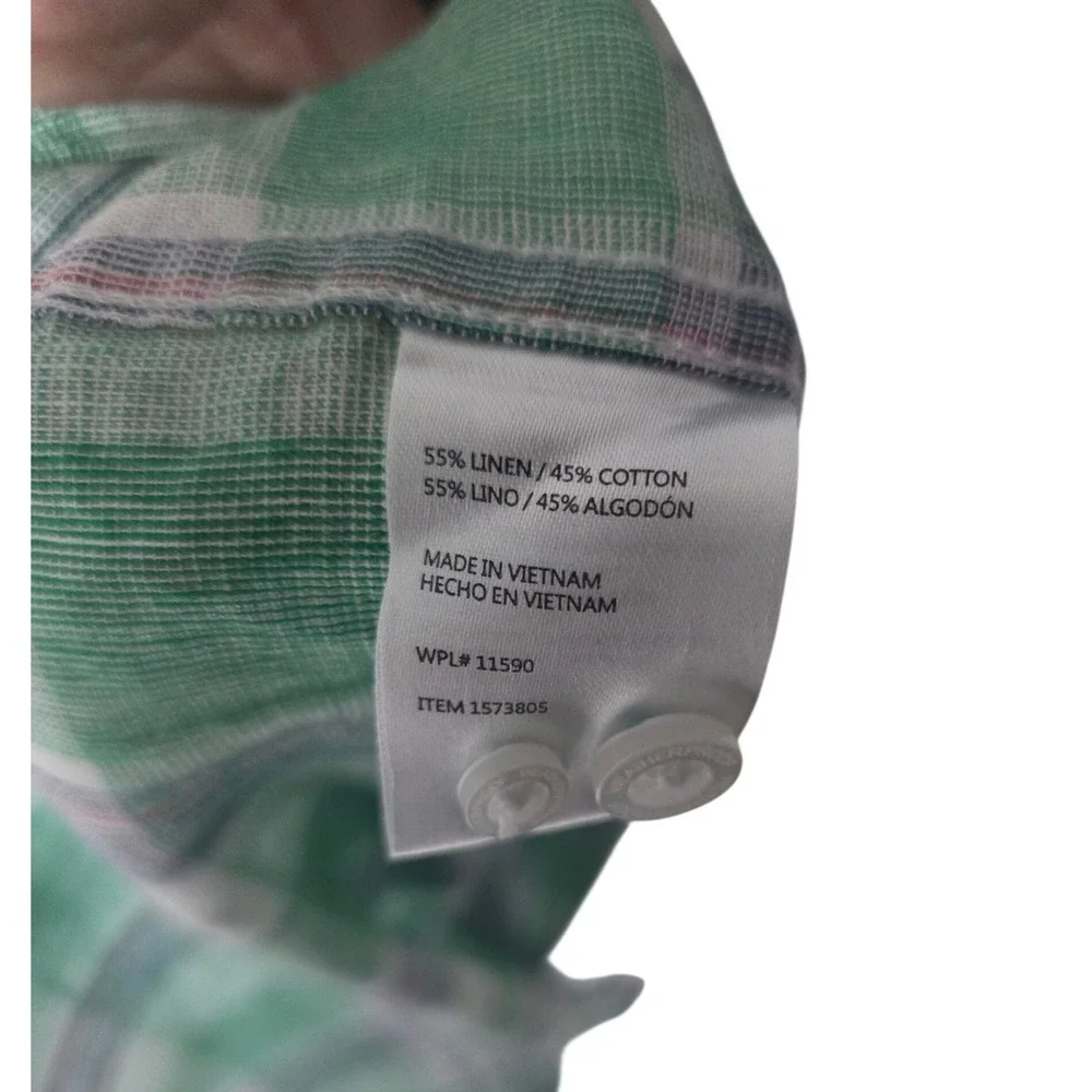 Weatherproof Vintage LINEN Blend Button Down Shirt Men XL Green Plaid Casual EUC
